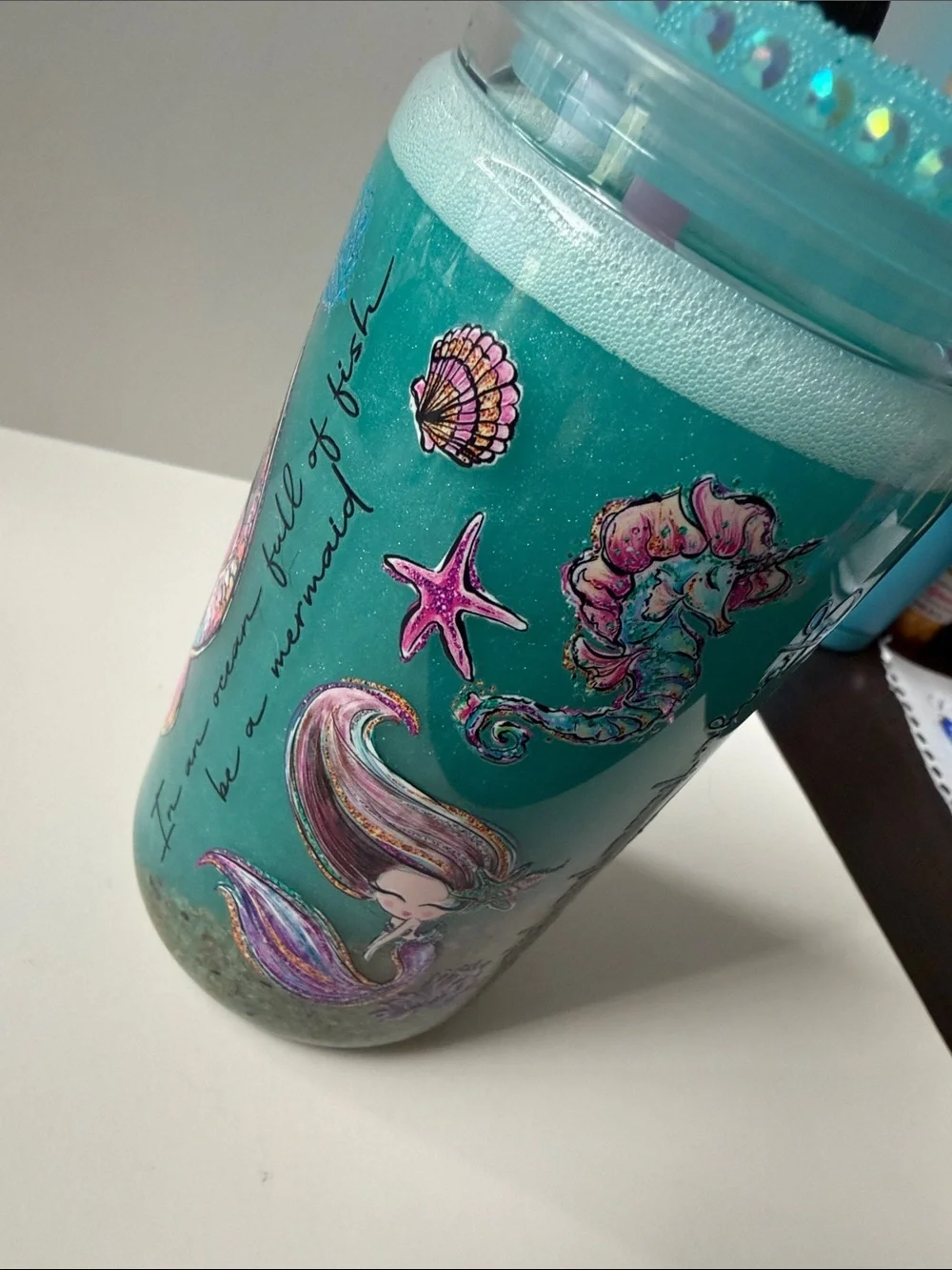 Mermaid 16 oz Beach Shimmer Tumbler w/ Jeweled Lid & Topper